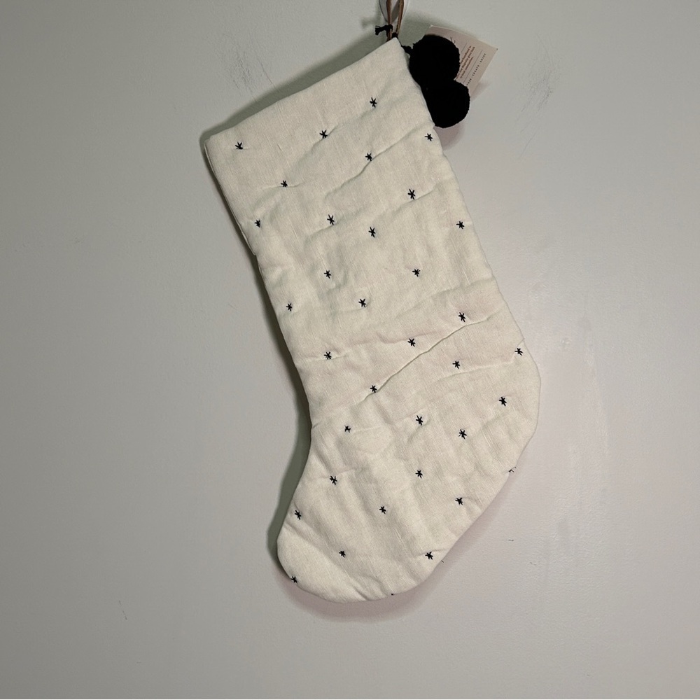 Hearth Hand Magnolia Christmas Stocking Linen Black Embroidered Stars
